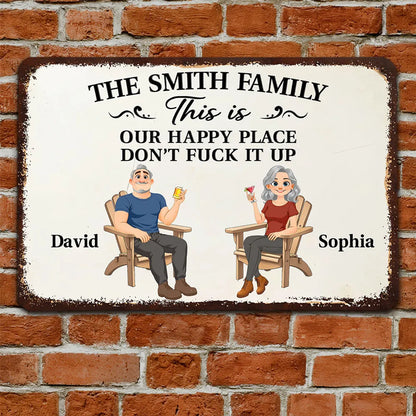 Personalized Rectangular Iron Sign, Seated Couple Happy Place Decor, Unique Gift for Family
