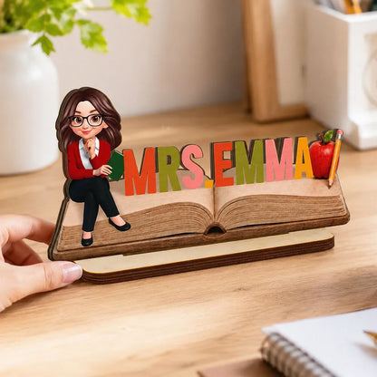 Personalized 2-Layer Wooden Plaque, Open Book Teacher Name Sign, Unique Classroom Desk Gift