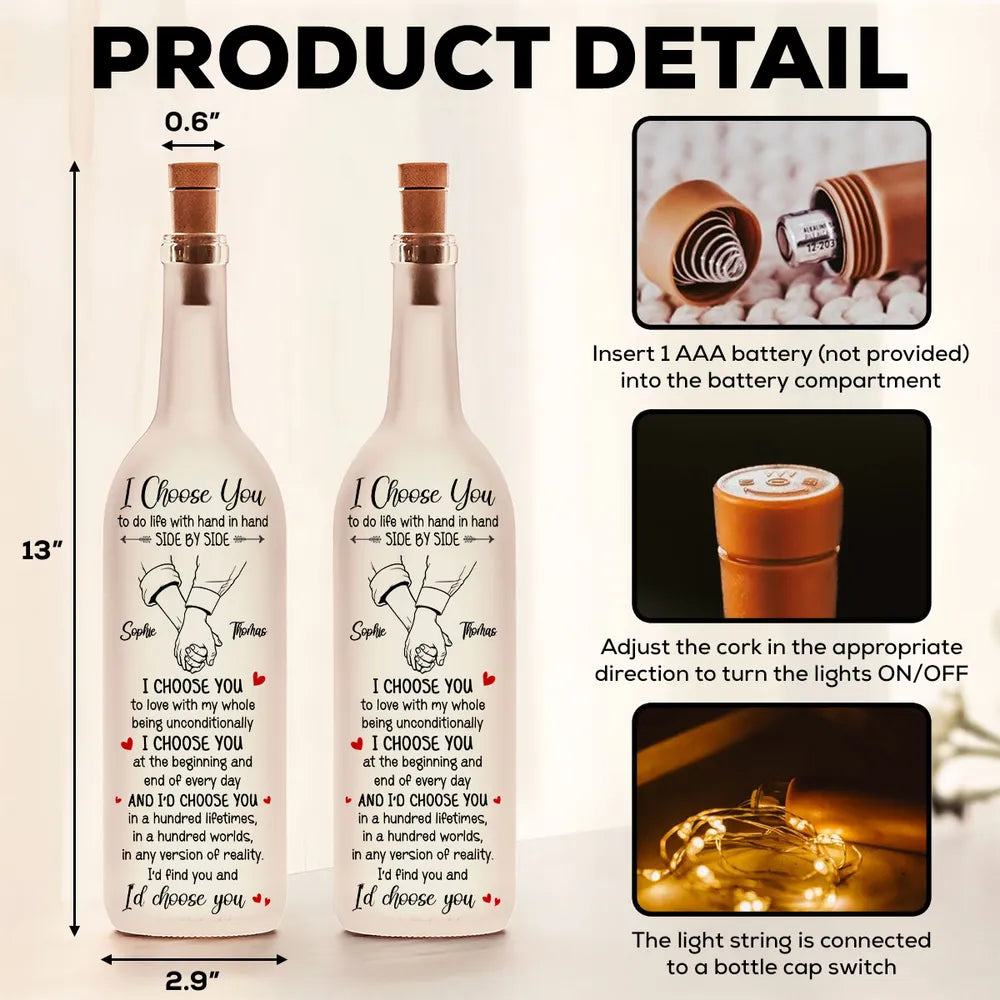Personalized Bottle Lamp with I Choose You Quote, Holding Hands Design, Unique Gift for Couples