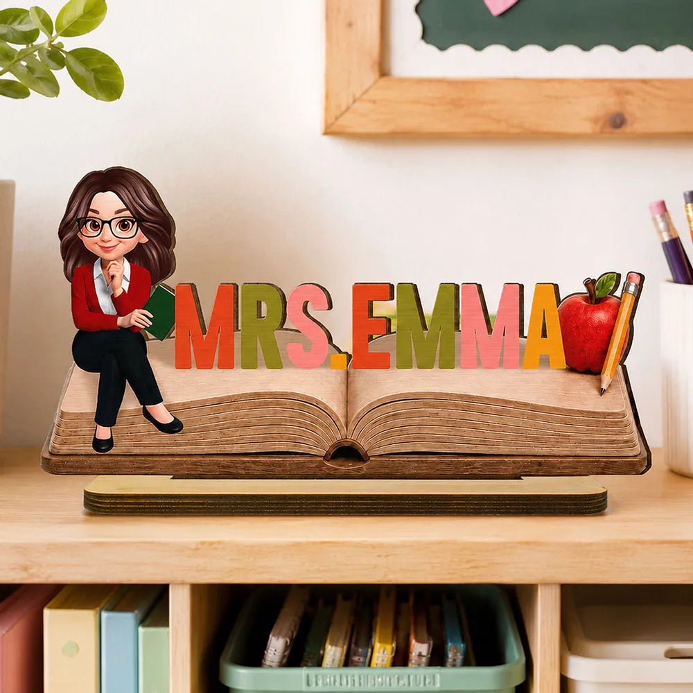 Personalized 2-Layer Wooden Plaque, Open Book Teacher Name Sign, Unique Classroom Desk Gift