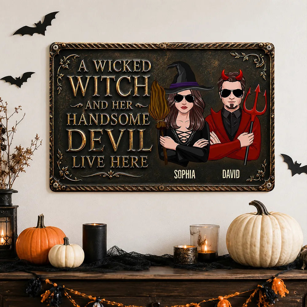 Personalized Rectangular Iron Sign, Wicked Witch & Devil Porch Decor, Unique Gift for Couples