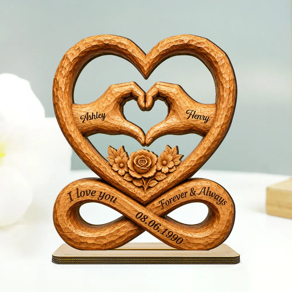 Personalized 2-Layer Wooden Plaque, Heart Hands & Infinity Design, Unique Gift for Couple