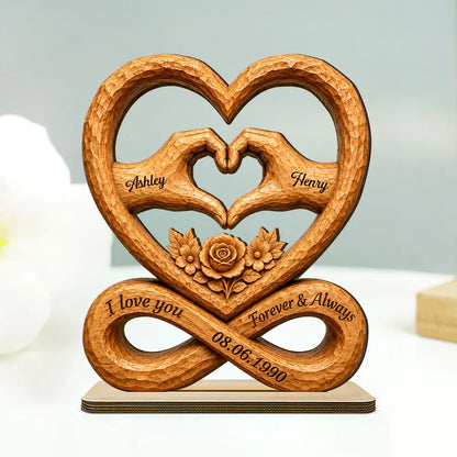 Personalized 2-Layer Wooden Plaque, Heart Hands & Infinity Design, Unique Gift for Couple