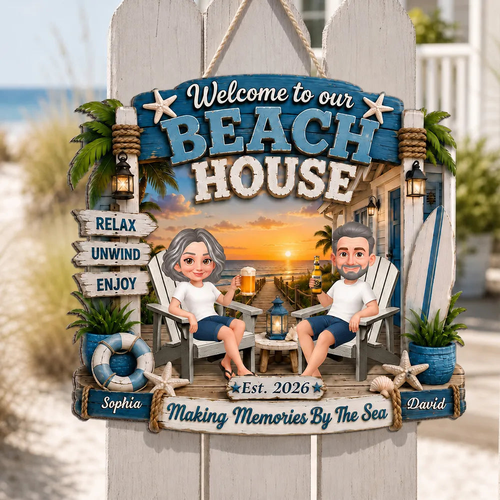 Personalized Wooden Sign, Sitting Couple Beach Sunset, Welcome to Our Beach House Unique Gift For Couple