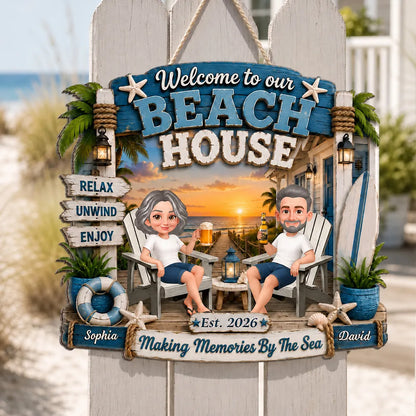 Personalized Wooden Sign, Sitting Couple Beach Sunset, Welcome to Our Beach House Unique Gift For Couple