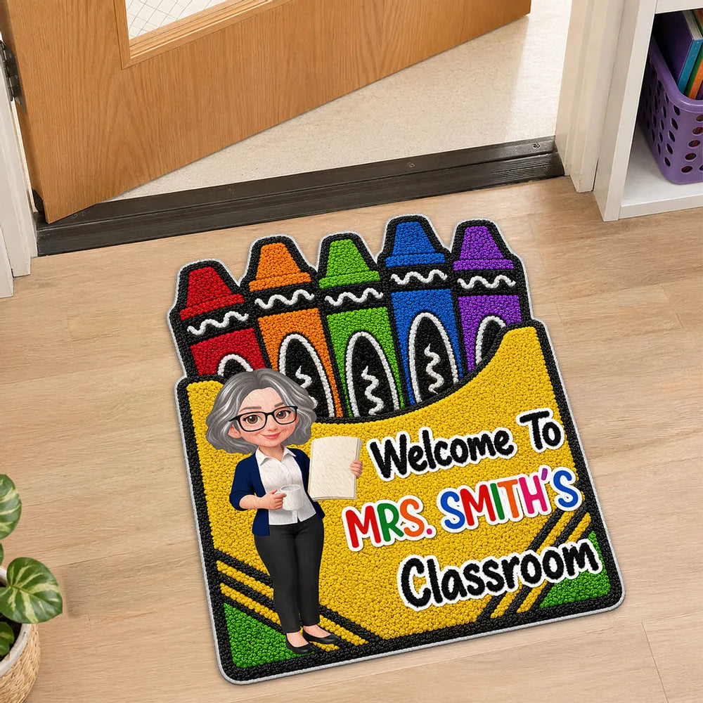 Personalized Shaped Doormat With Crayon Box Art, Cartoon Teacher Holding Notebook, Unique Teacher Gift