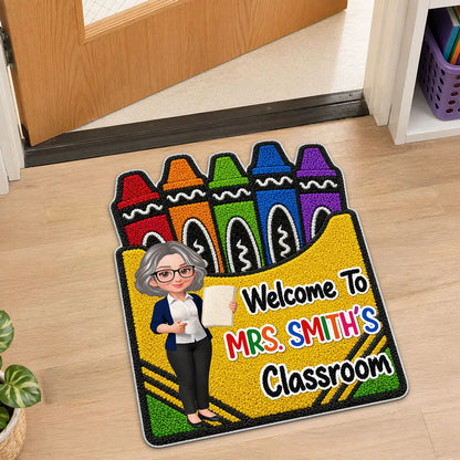 Personalized Shaped Doormat With Crayon Box Art, Cartoon Teacher Holding Notebook, Unique Teacher Gift