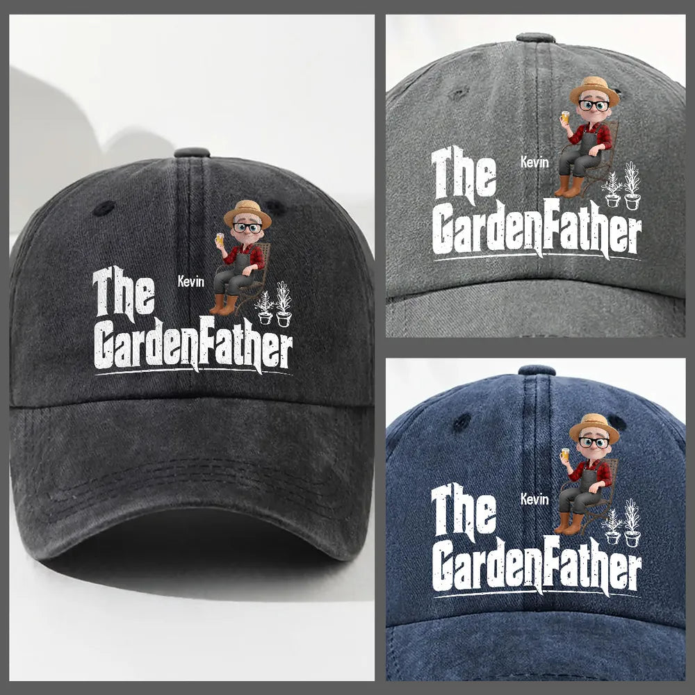 Personalized Washed Denim Baseball Cap, The GardenFather Cartoon, Unique Gift for Gardener Dad