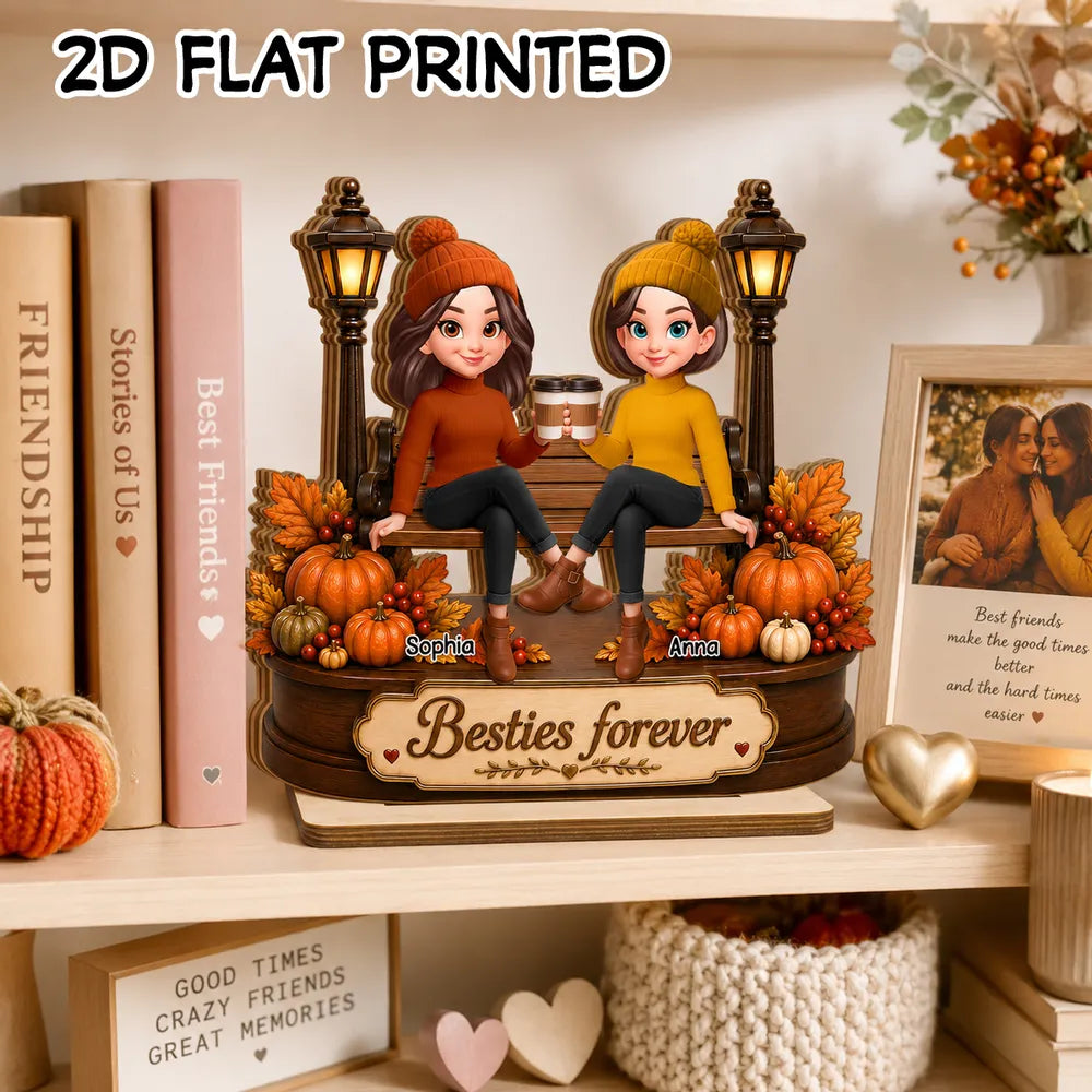 Personalized 2-Layer Wooden Plaque, Besties Forever Fall Scene, Unique Gift for Bestie