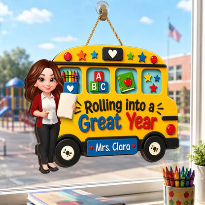 Personalized Teacher Wooden Sign With Yellow School Bus, Unique Back To School Gift For Classroom