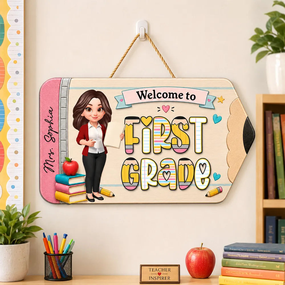 First Grade Wooden Sign With Standing Teacher Cartoon, Personalized Classroom Decor, Unique Teacher Gift
