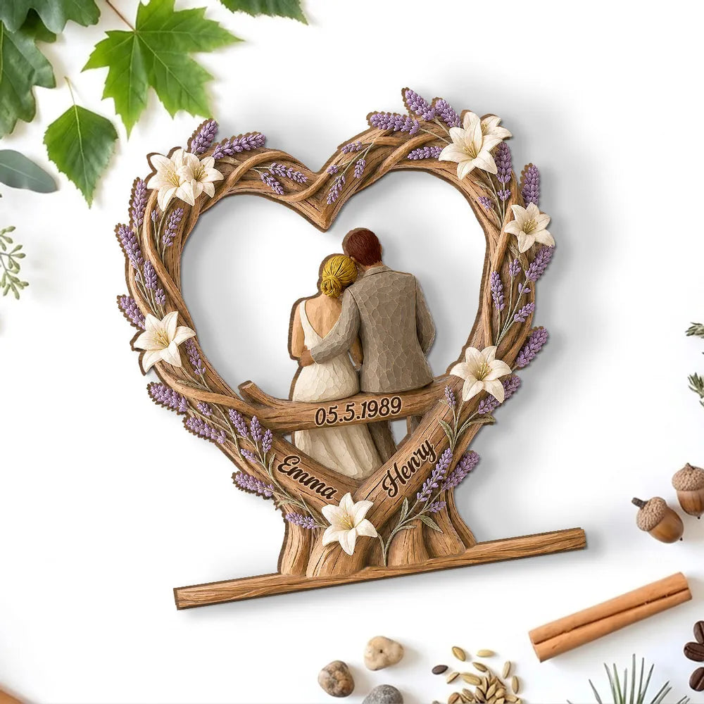 Personalized 2-Layer Wooden Plaque, Floral Heart Sitting Couple, Unique Creative Gift for Couples