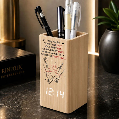 Personalized Wooden Pen Holder Clock, Unique Creative Gift for Partner with Holding Hands Design