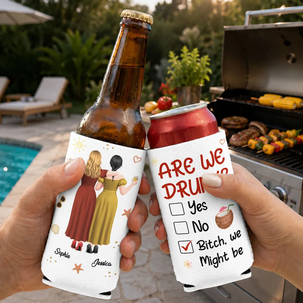 Personalized Can Cooler, Arm In Arm Friends With Drinks, Beach Party Style Unique Gift