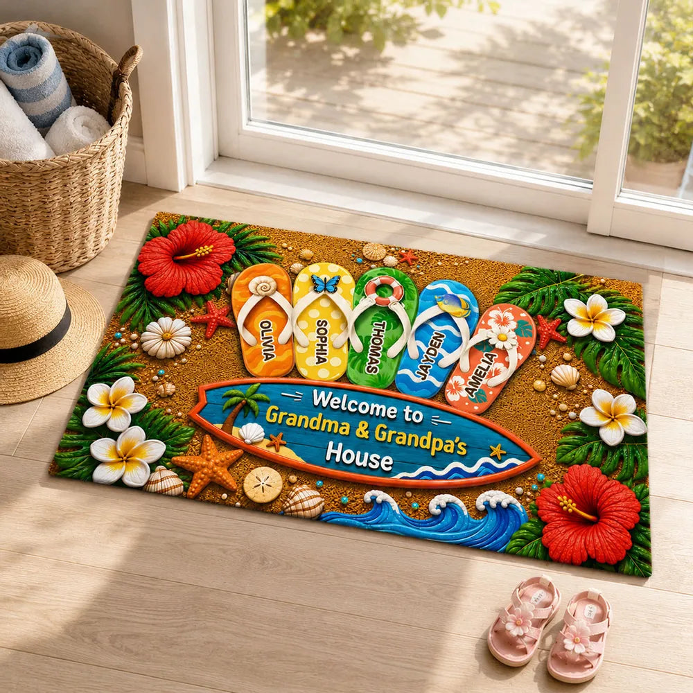 Personalized Standard Doormat, Hello Summer Flip-Flop Design for Grandma & Grandpa, Unique Gift