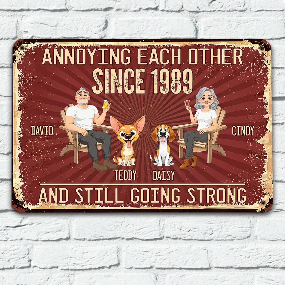 Personalized Rectangular Iron Sign, Seated Couple With Dogs, Vintage Red Unique Creative Gift