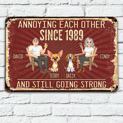 Personalized Rectangular Iron Sign, Seated Couple With Dogs, Vintage Red Unique Creative Gift