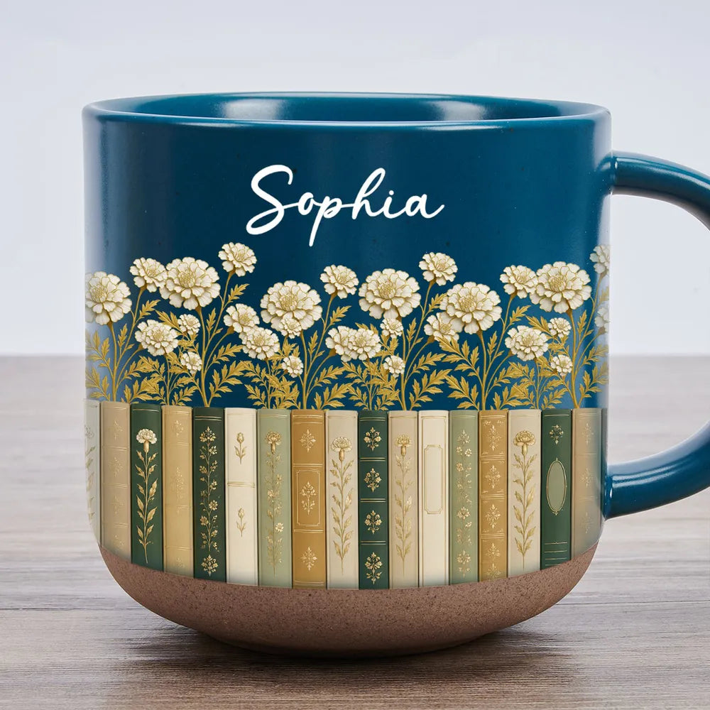 Personalized Pottery Mug, Floral Library Design for Book Lover, Unique Creative Gift for Morning Coffee