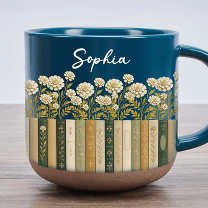 Personalized Pottery Mug, Floral Library Design for Book Lover, Unique Creative Gift for Morning Coffee