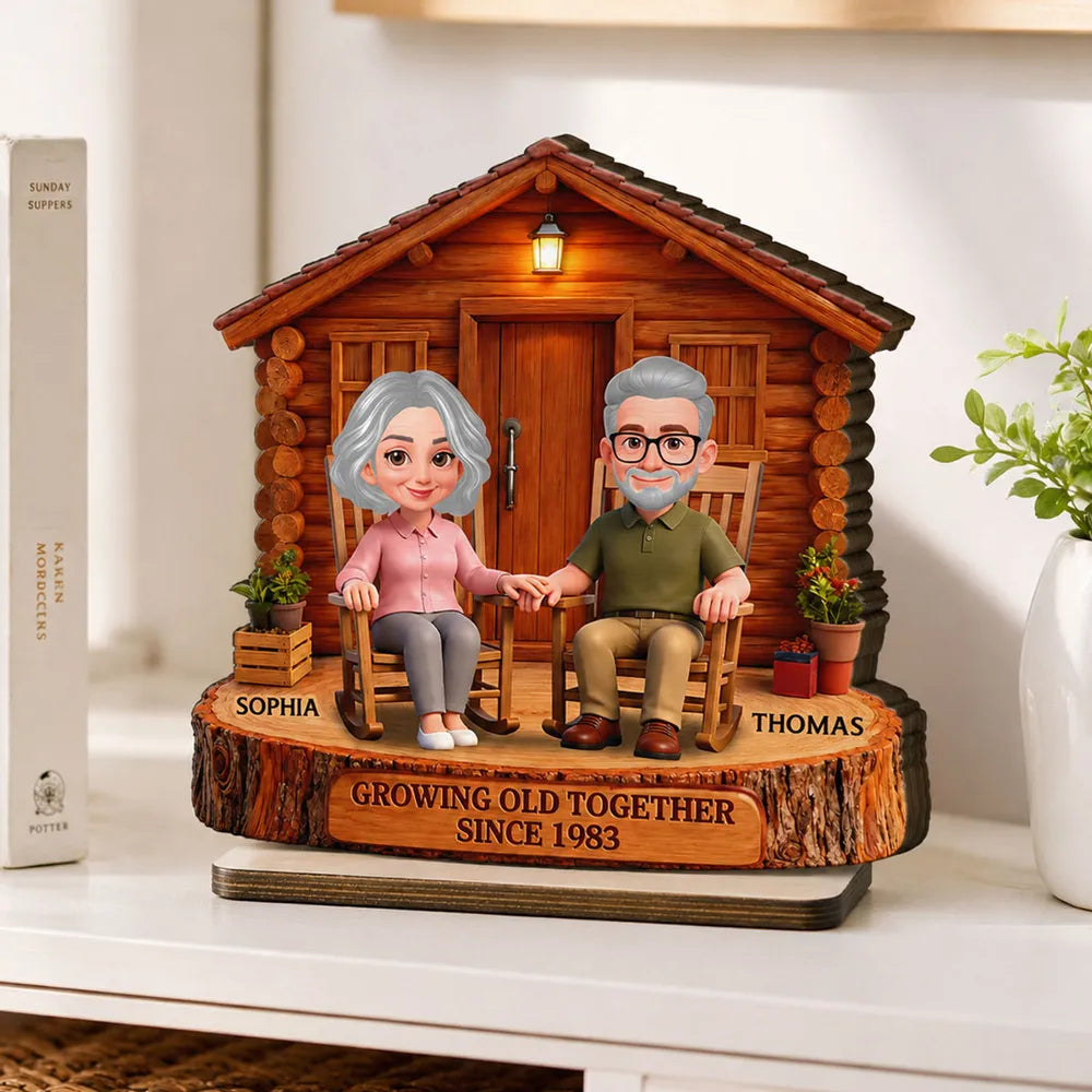 Growing Old Together 2-Layer Wooden Plaque, Couple Holding Hands at Cabin, Creative Anniversary Gift