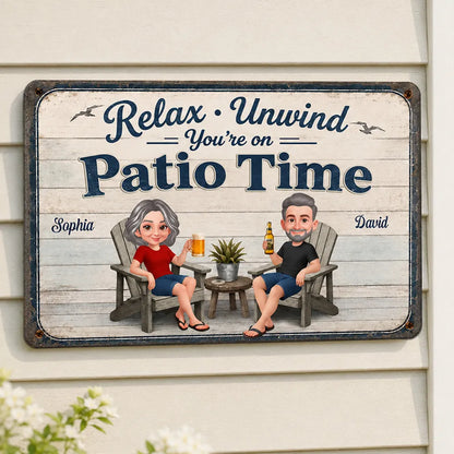 Personalized Metal Sign with Seated Patio Couple, Relax Unwind Decor, Unique Gift for Couples