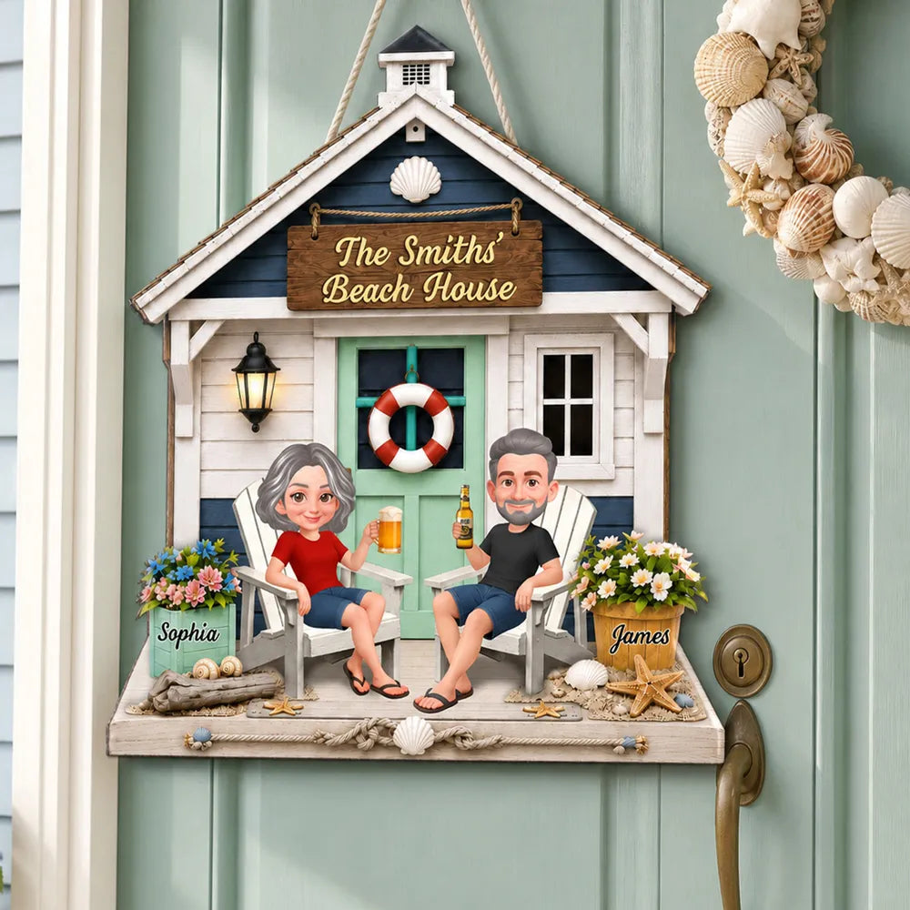 Personalized Wooden Sign with Sitting Beach House Couple, Coastal Decor, Unique Gift for Couples