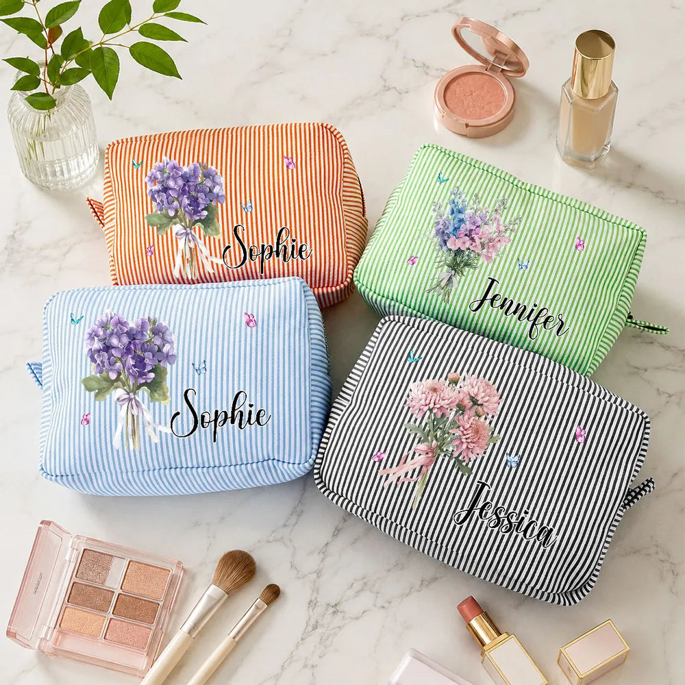 Personalized Stripes Makeup Bag with Birth Month Flower, Unique Creative Gift for Her, Vanity & Travel Pouch