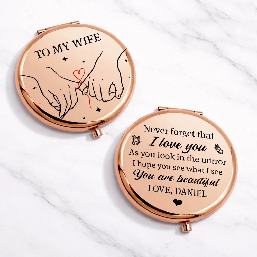 Personalized Metal Compact Mirror For Wife, Pinky Promise Art, Unique Creative Gift She Can Carry