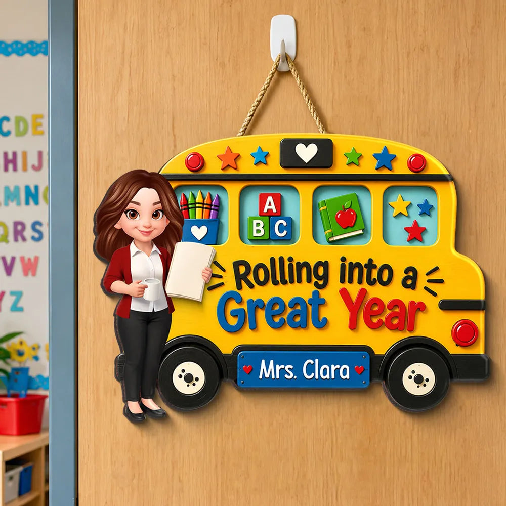 Personalized Teacher Wooden Sign With Yellow School Bus, Unique Back To School Gift For Classroom