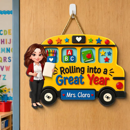 Personalized Teacher Wooden Sign With Yellow School Bus, Unique Back To School Gift For Classroom