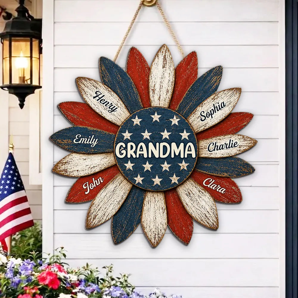 Personalized Grandma Wooden Sign, Patriotic Sunflower Porch Decor, Unique Creative Gift for Grandma