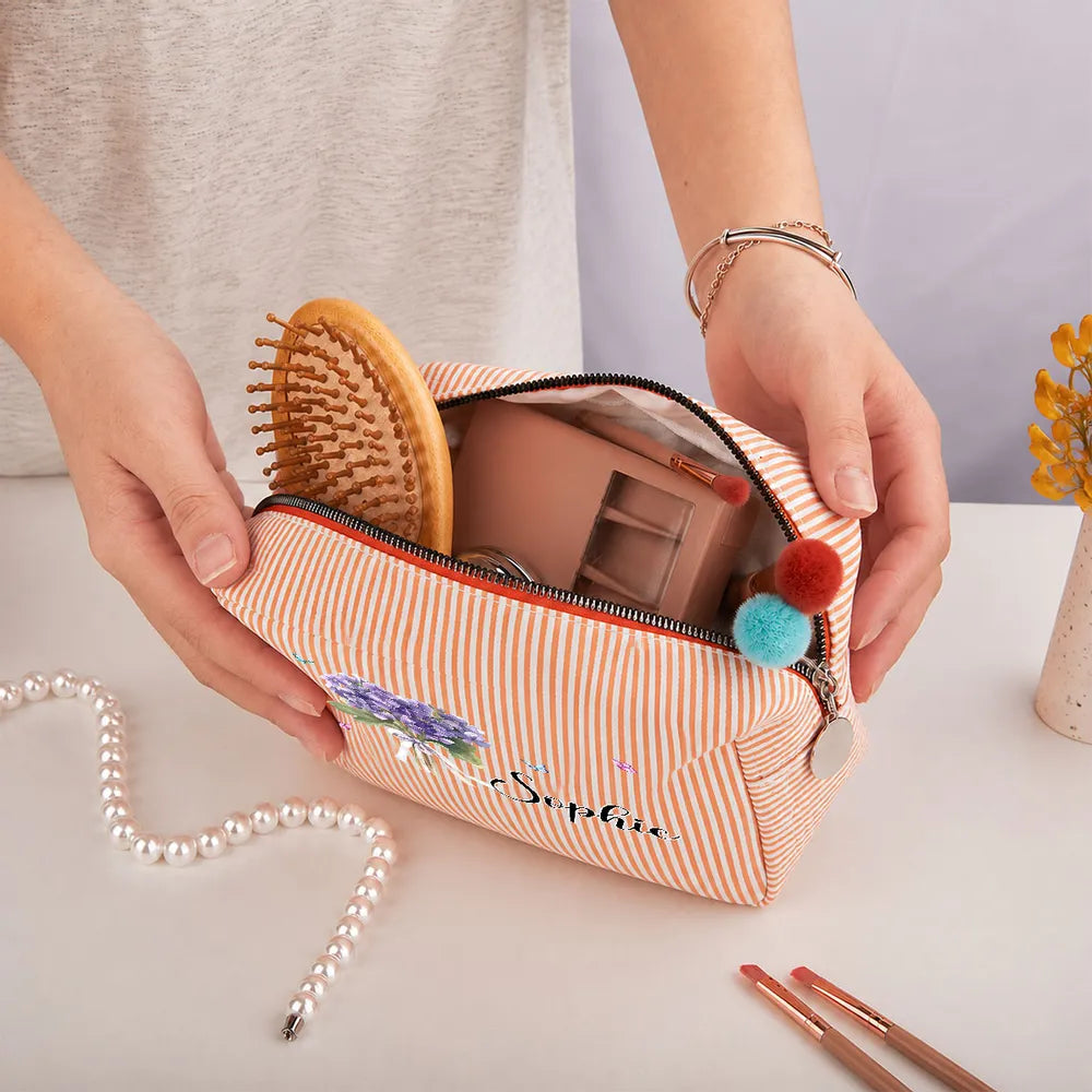Personalized Stripes Makeup Bag with Birth Month Flower, Unique Creative Gift for Her, Vanity & Travel Pouch