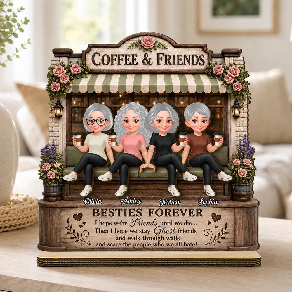 Personalized 2-Layer Wooden Plaque, Seated Friends with Coffee, Unique Gift for Besties