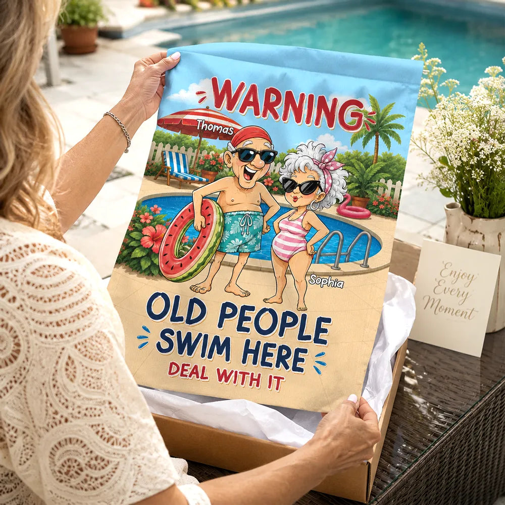 Warning Old People Swim Here Personalized Garden Flag, Funny Pool Patio Decor, Creative Gift for Grandparents