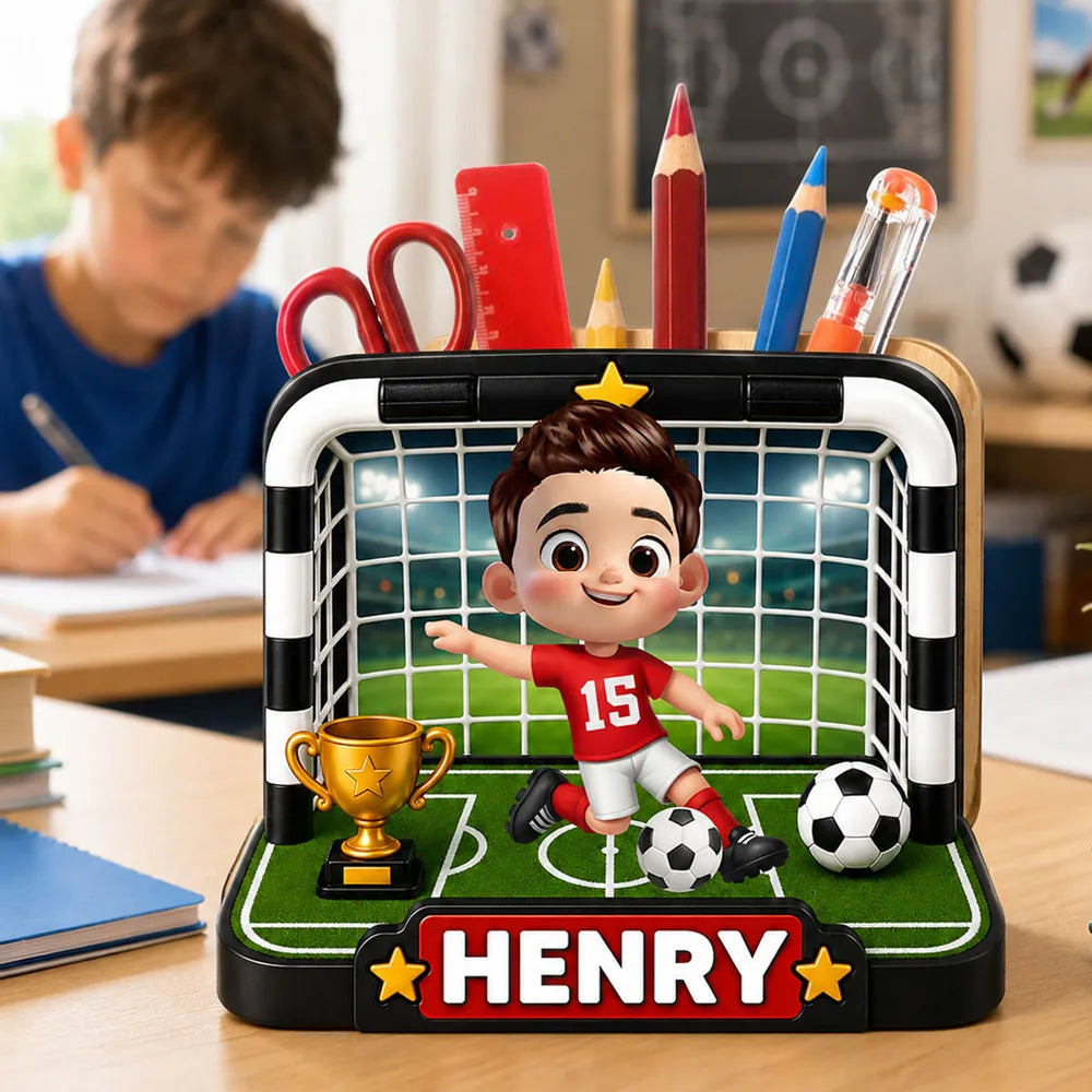 Personalized Wooden Pen Holder With Cute Soccer Kid, Unique Creative Gift For School Desk