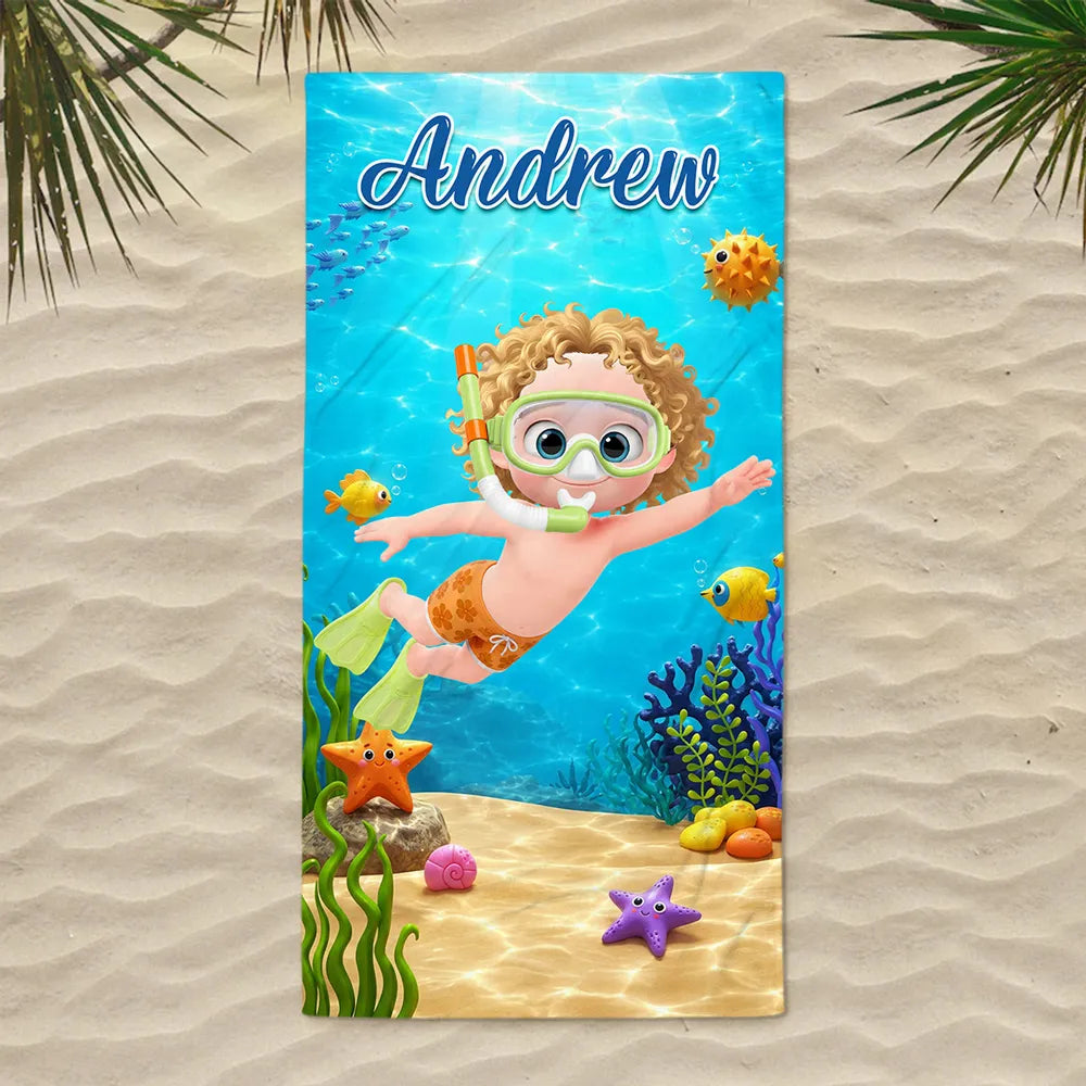 Personalized Beach Towel, Playful Ocean Snorkeling Adventure, Creative Gift for Kids and Grandkids