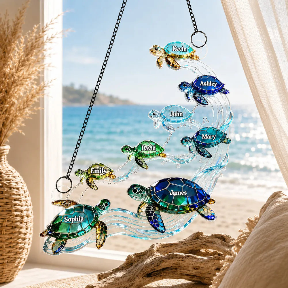 Swimming Sea Turtle Family Acrylic Suncatcher Ornament, Personalized Unique Creative Gift for Family Window Decor