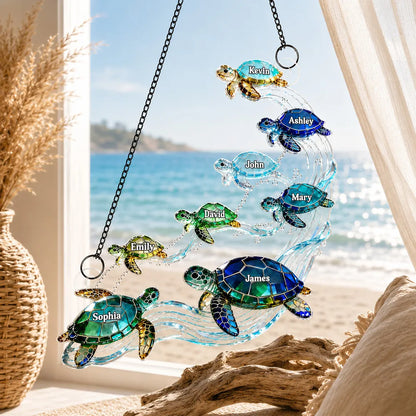 Swimming Sea Turtle Family Acrylic Suncatcher Ornament, Personalized Unique Creative Gift for Family Window Decor