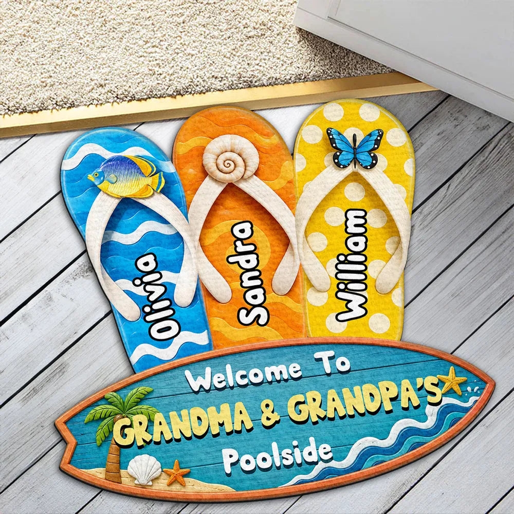 Shaped Doormat, Personalized Flip Flop Family Poolside Welcome, Unique Gift for Grandma & Grandpa