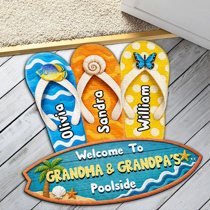 Shaped Doormat, Personalized Flip Flop Family Poolside Welcome, Unique Gift for Grandma & Grandpa