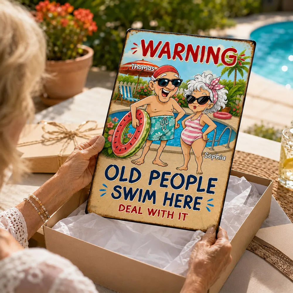 Personalized Rectangular Iron Sign, Funny Old People Swim Here Pool Decor, Unique Gift for Couple