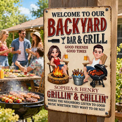 Personalized Backyard Bar & Grill Iron Sign, Sitting Couple in Sunlit Yard, Unique Gift for Couple