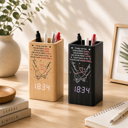 Personalized Wooden Pen Holder Clock, Unique Creative Gift for Partner with Holding Hands Design
