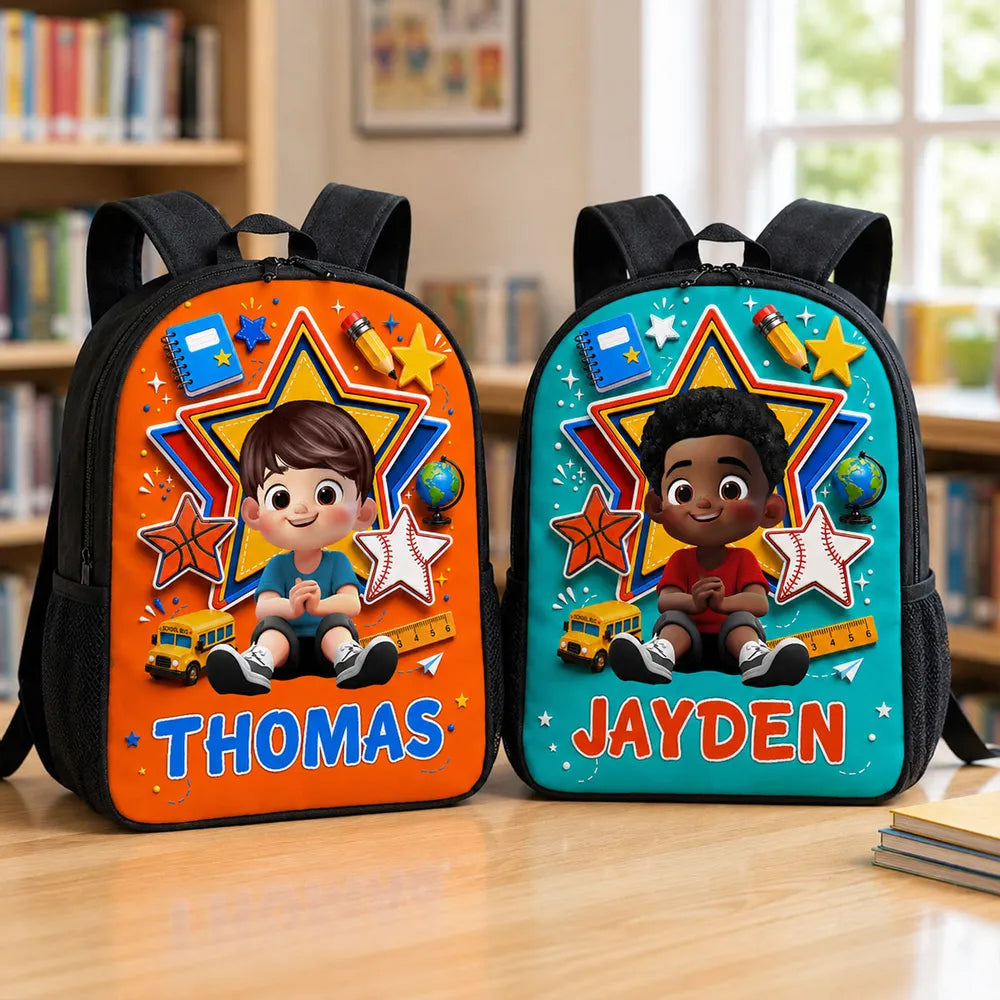 Personalized Kids School Backpack with Sitting Cartoon Boy, Classroom Style, Creative Gift for Son