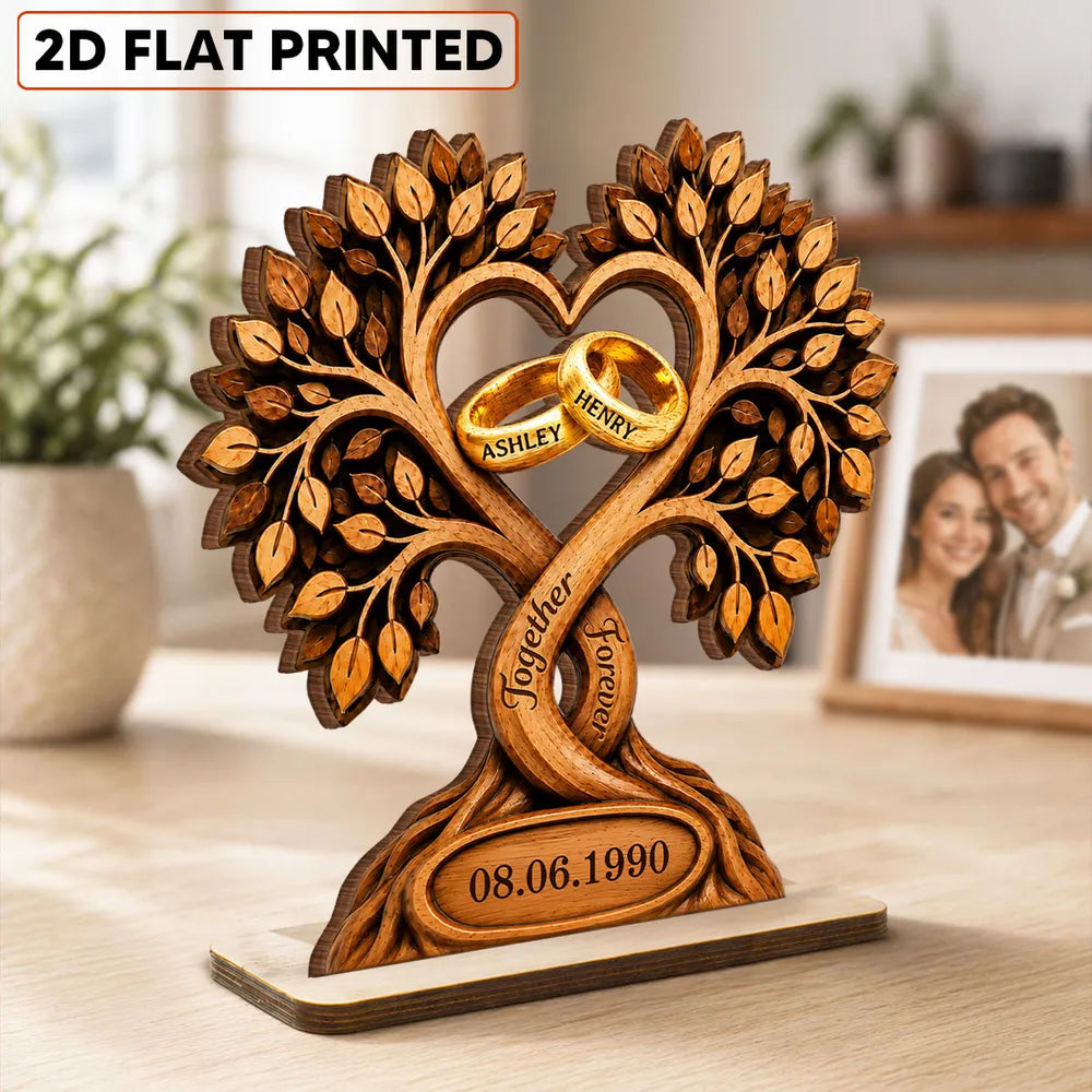 Personalized 2-Layer Wooden Plaque With Heart Tree & Rings, Unique Anniversary Gift For Couples