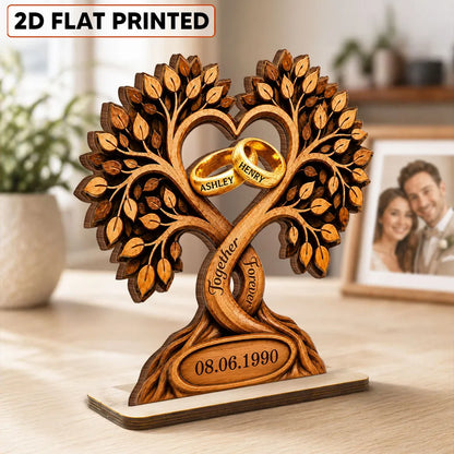 Personalized 2-Layer Wooden Plaque With Heart Tree & Rings, Unique Anniversary Gift For Couples