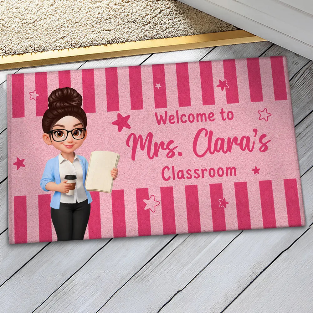 Personalized Standard Doormat With Standing Cartoon Teacher & Blue Yellow Classroom Design, Unique Teacher Gift