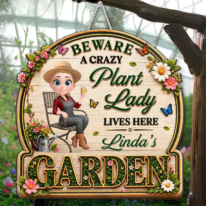 Personalized Wooden Sign, Sitting Crazy Plant Lady Garden Decor, Unique Creative Gift for Plant Lovers