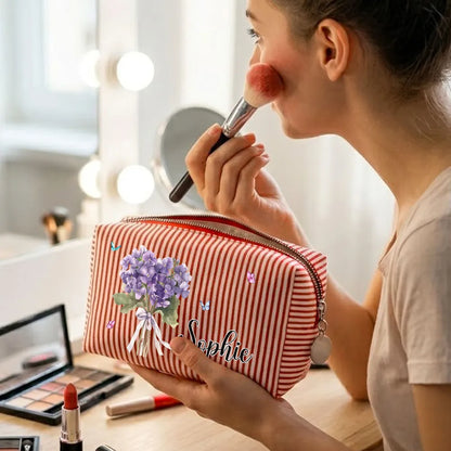 Personalized Stripes Makeup Bag with Birth Month Flower, Unique Creative Gift for Her, Vanity & Travel Pouch
