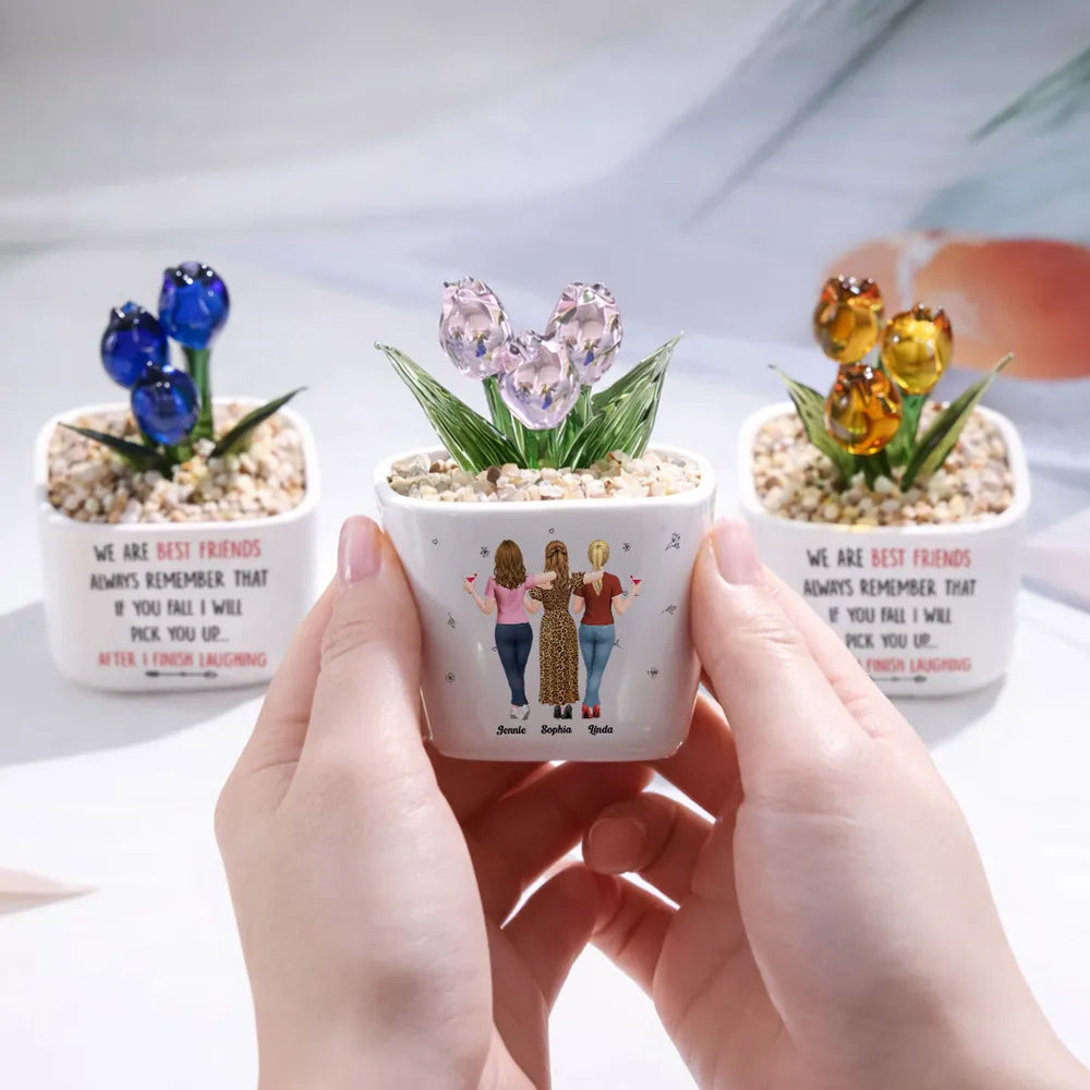 Square Glass Planter, Personalized Pink and Purple Tulips with Arm in Arm Friends, Unique Gift for Best Friend